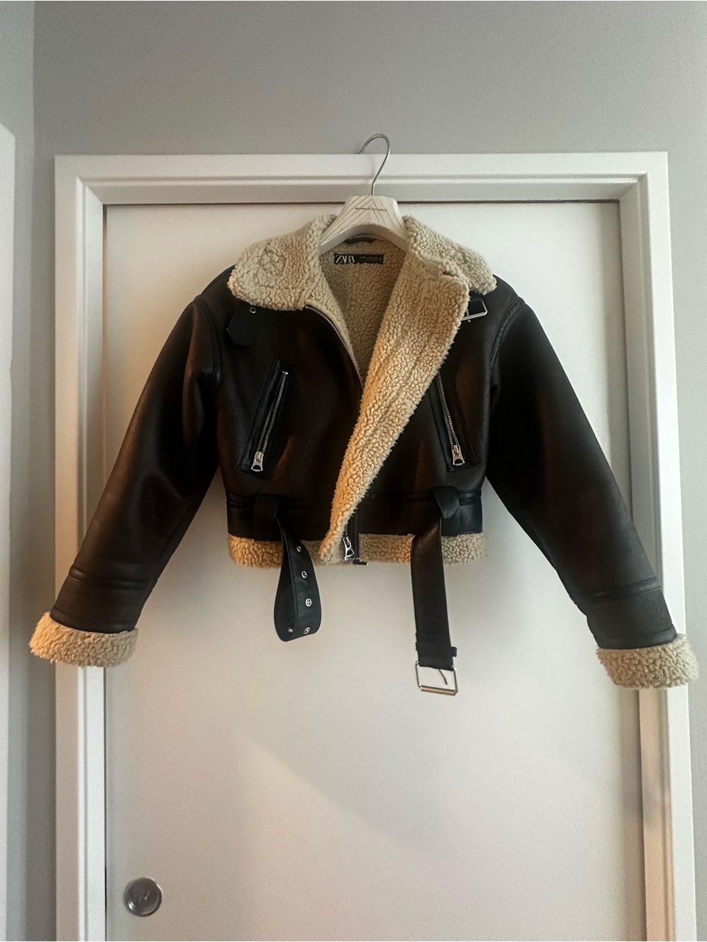 Zara Black Faux Leather Aviator Jacket /Sherpa lining.